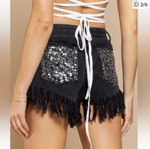 POL Pants - POL Cowgirl Silver Sequin & Black Denim Fringe Shorts NWT Size Medium